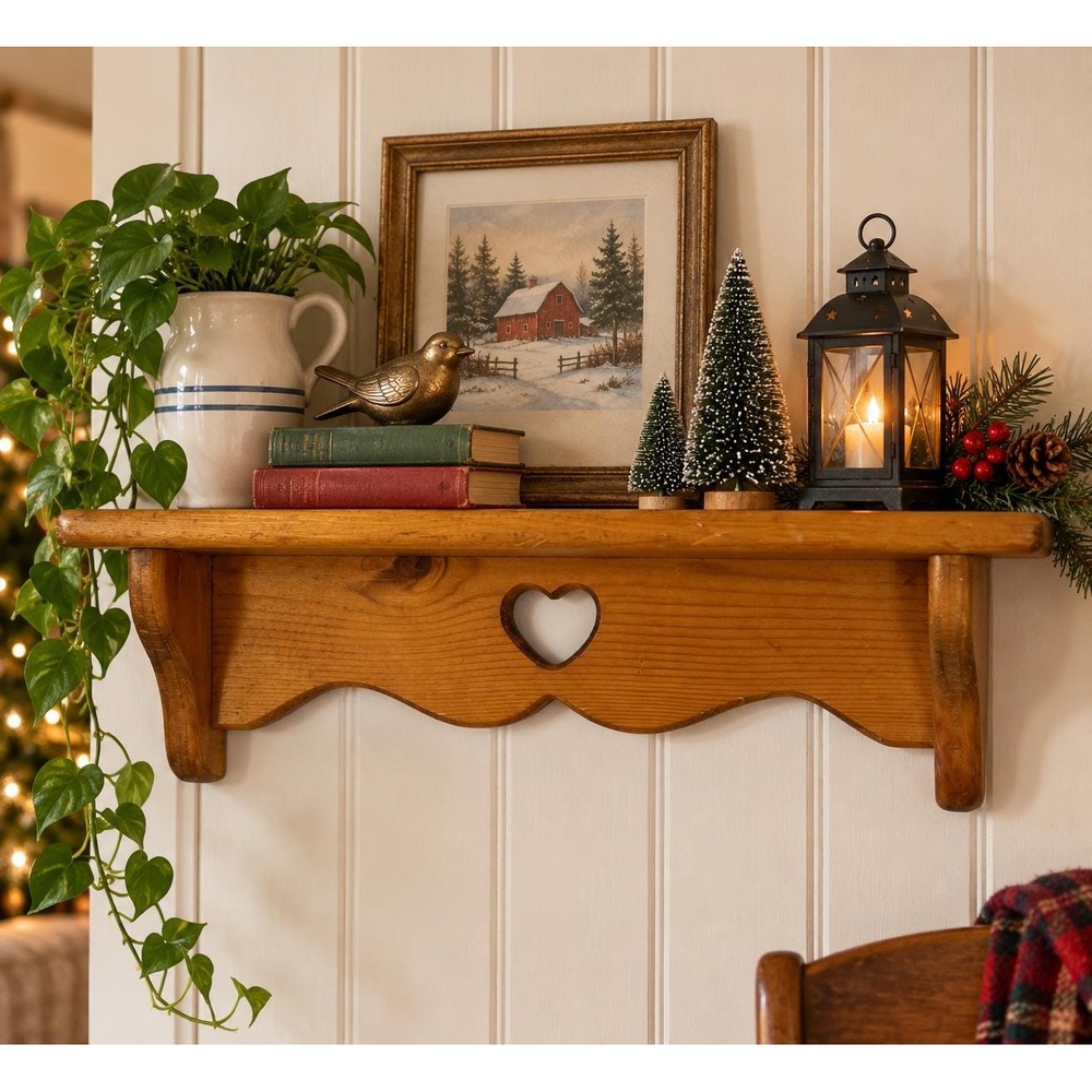 Wood Heart Wall Shelf 19" Country Farmhouse Cottage Decor Scalloped Wooden VTG